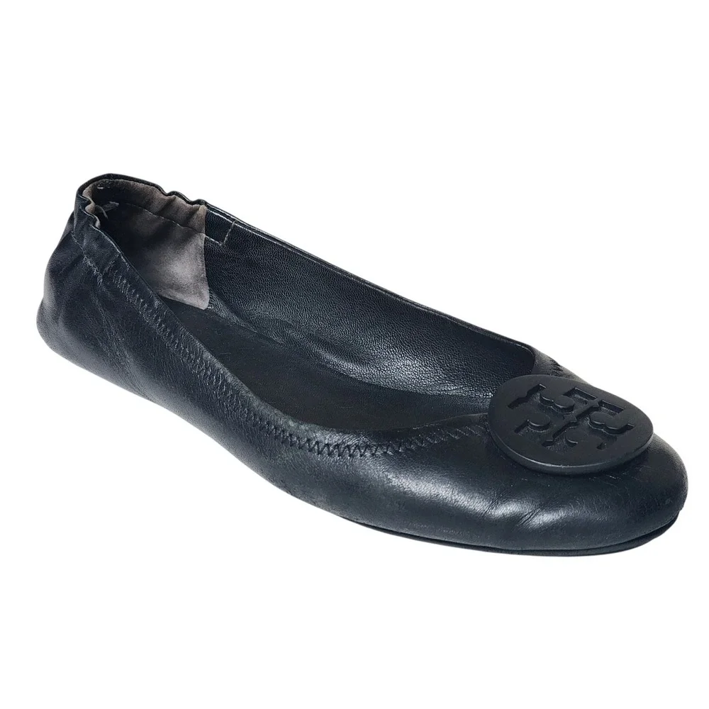 Tory Burch Minnie Travel Ballet Flats Black Leather Logo Medallion Shoes 8.5
